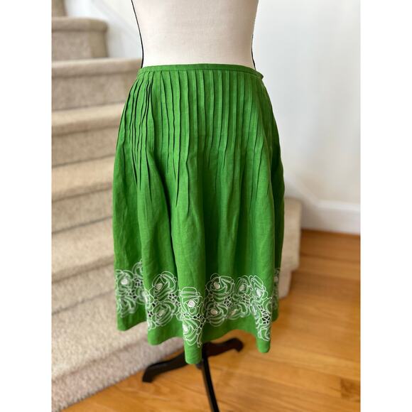 Lafayette 148 Kelly Green Linen & Floral White Embroidery Pleated A-Line Skirt - Picture 1 of 7